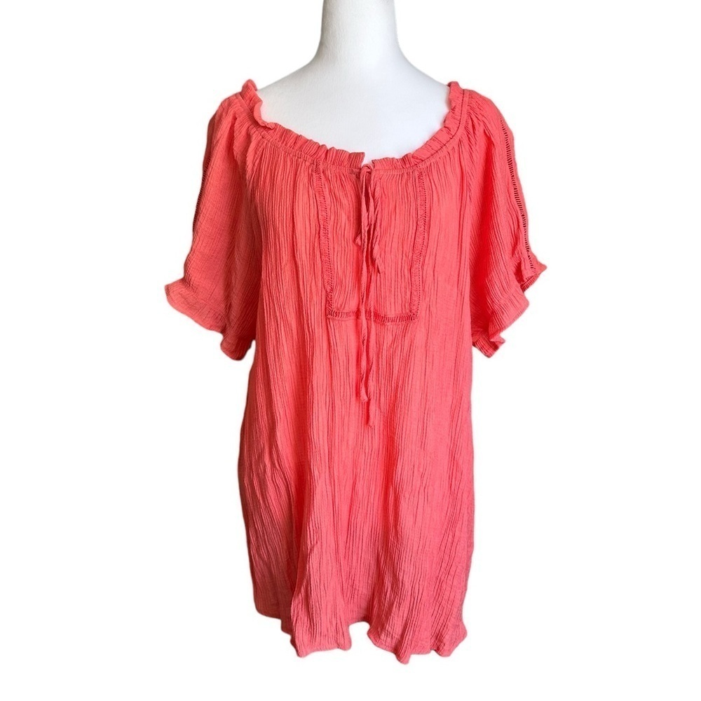 Flower and Feather plus size womens blouse tie front peasant shirt coral Sz 3XL